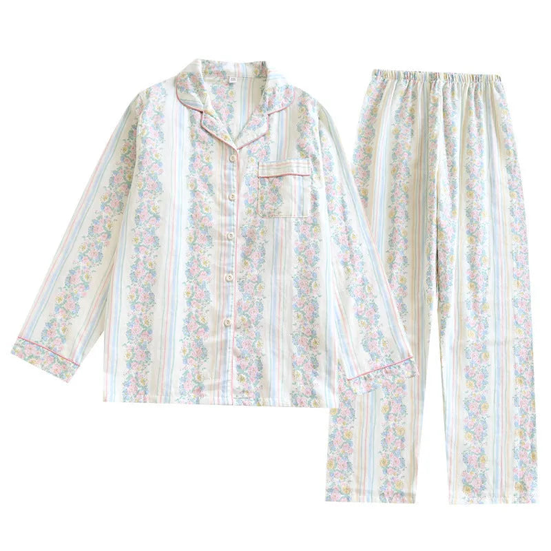 Japanese Sweet Ladies' cotton gauze homewear two-piece set in colour stripes pattern, featuring a long-sleeved top and trousers.