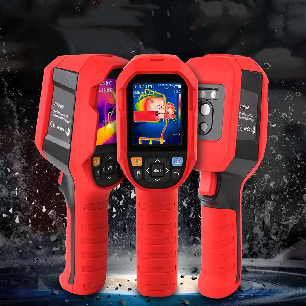 UTi series handheld infrared thermal imager with display screen shown alongside USB cable and storage bag.