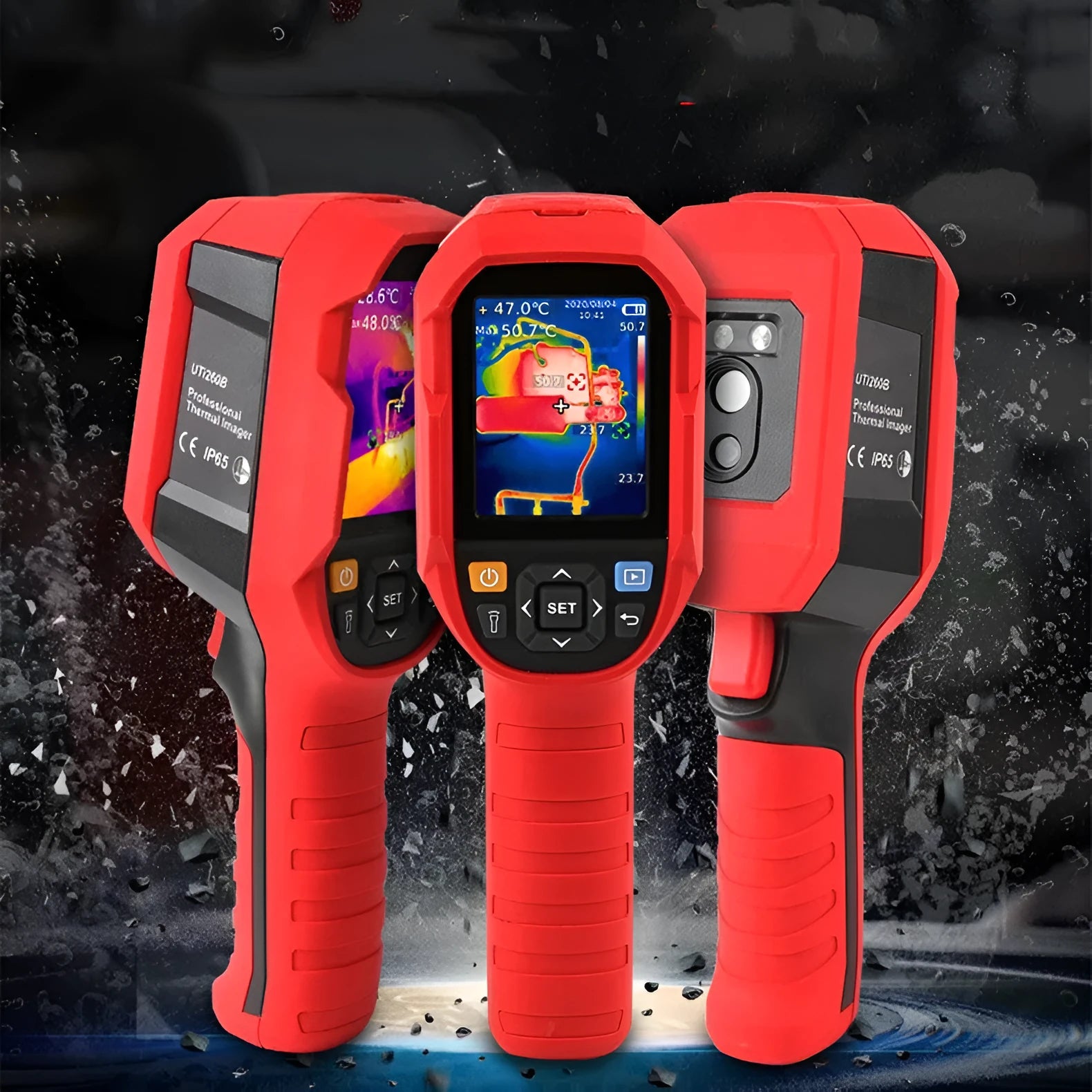 UTi series handheld infrared thermal imager with display screen shown alongside USB cable and storage bag.