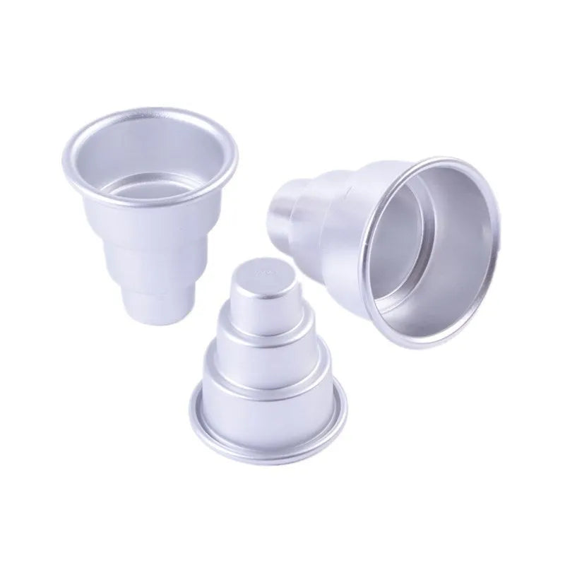 Silver aluminium alloy mini three-layer cake mould set showing large, medium, and small pudding cups.