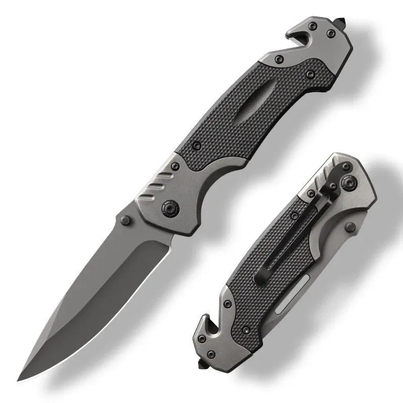 Alloy folding knife showing blade and handle with 60-degree tip angle