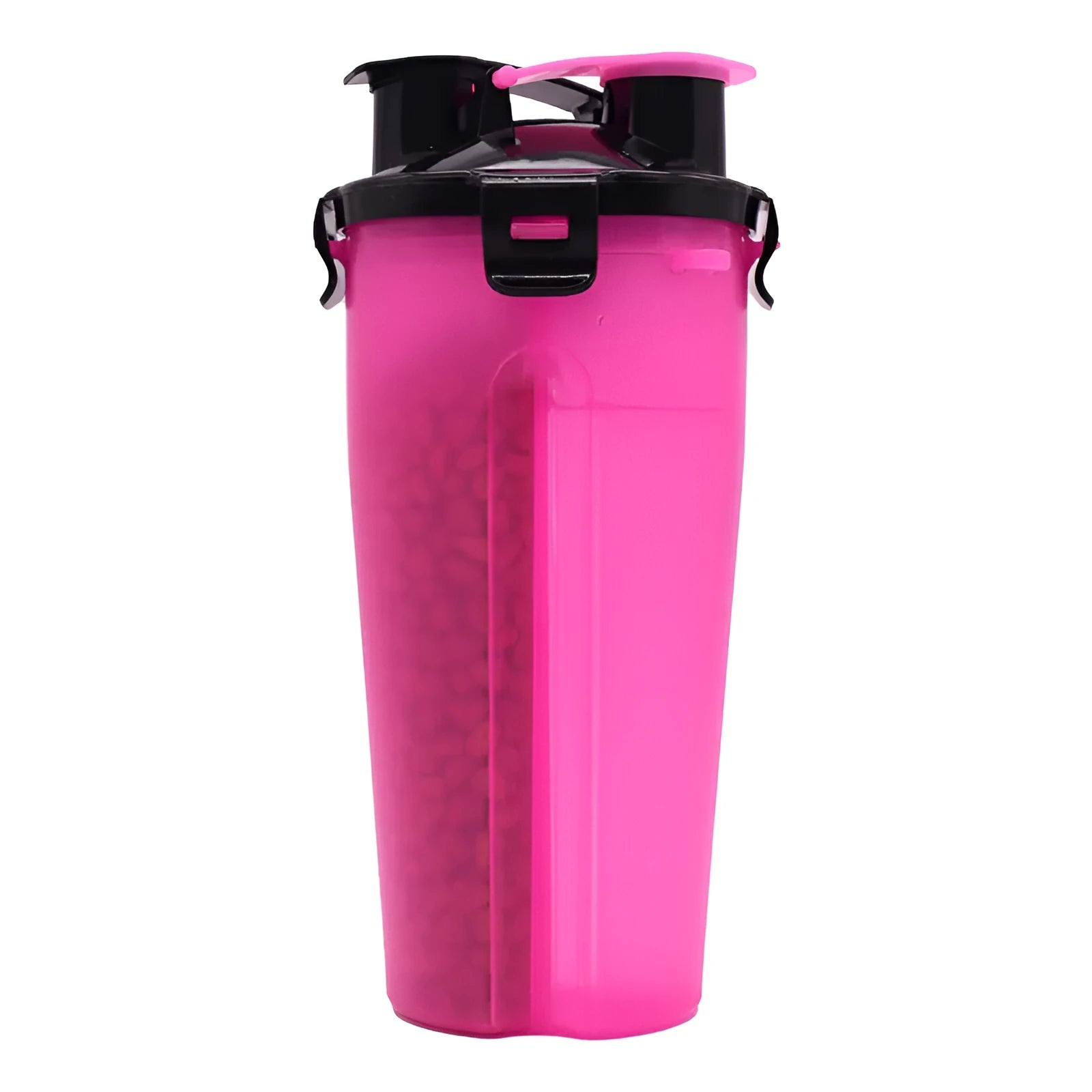 White portable pet cup showing separate water bottle and food container compartments.