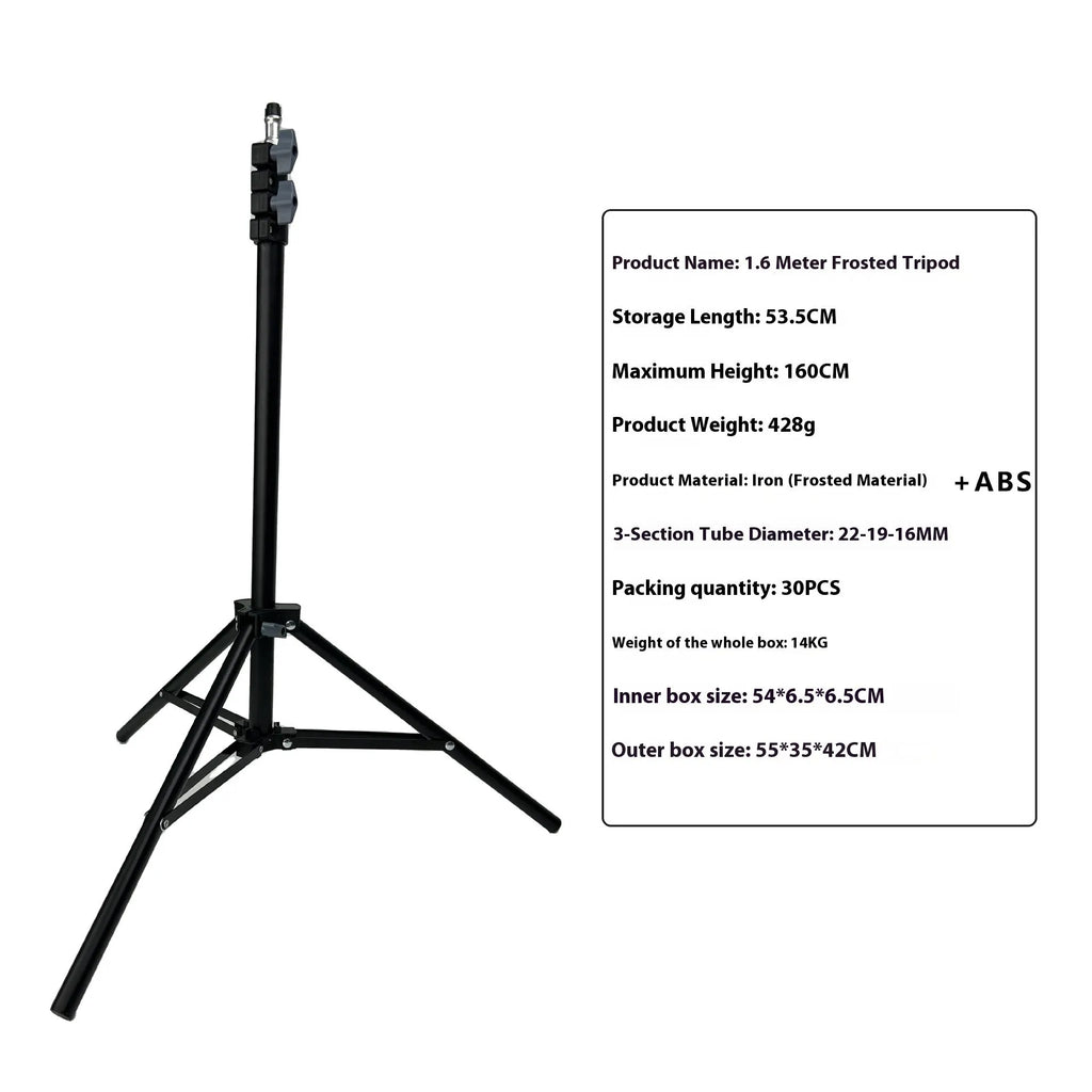 Frosted tripod light stand with mobile phone holder mounted, showing carbon steel construction