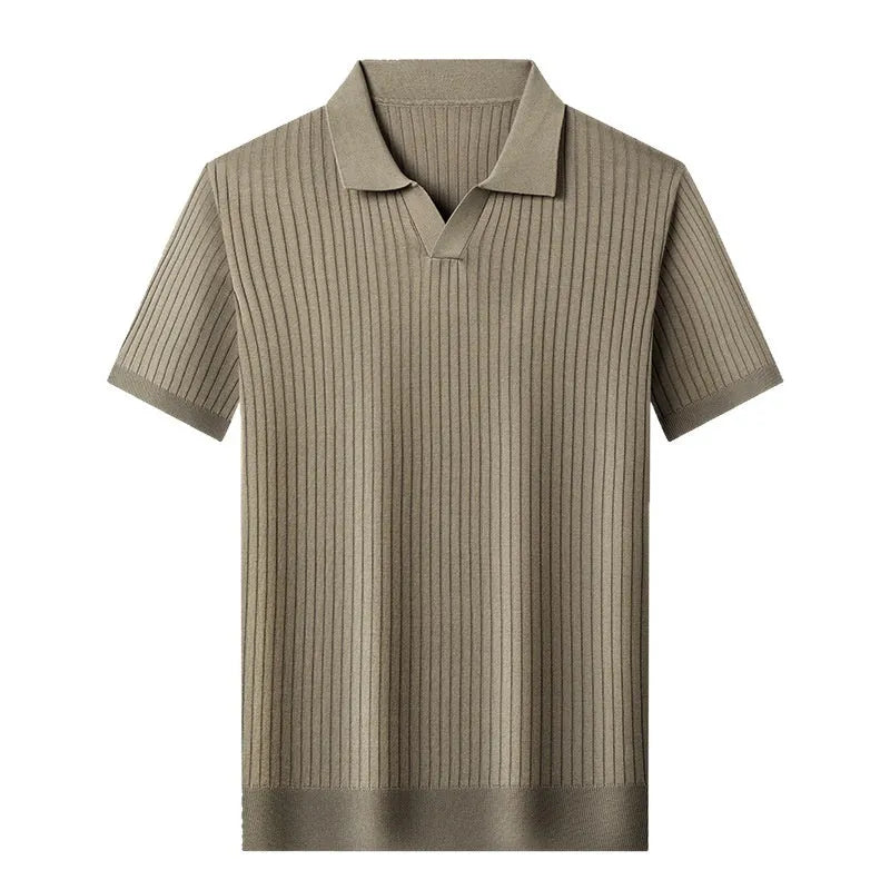 Men's striped mulberry silk T-shirt with lapel collar in multiple colour options