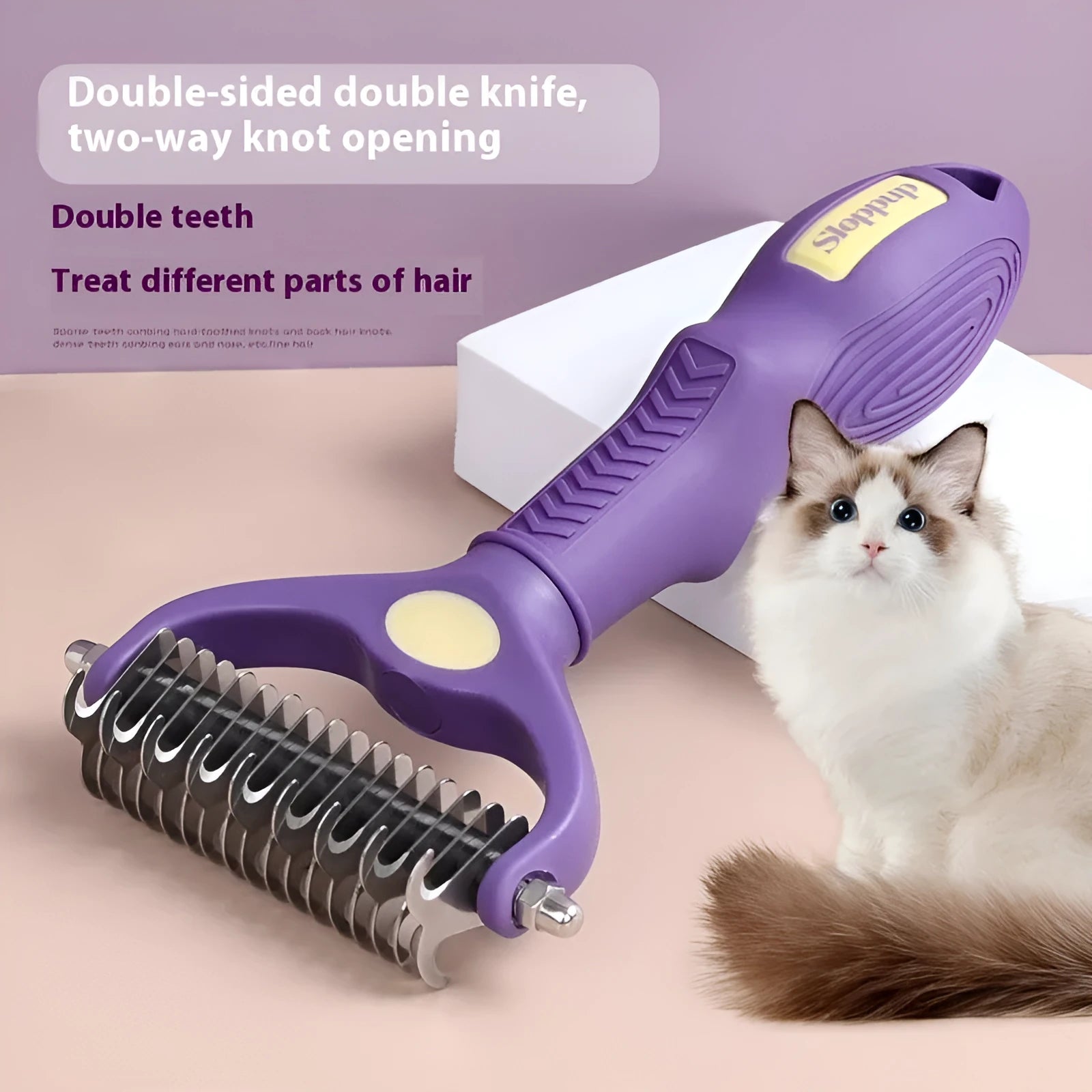 Purple double-sided plastic pet comb for removing knots from dog and cat fur.