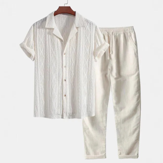 Men's short sleeve shirt and trousers set with camouflage digital print in slim fit