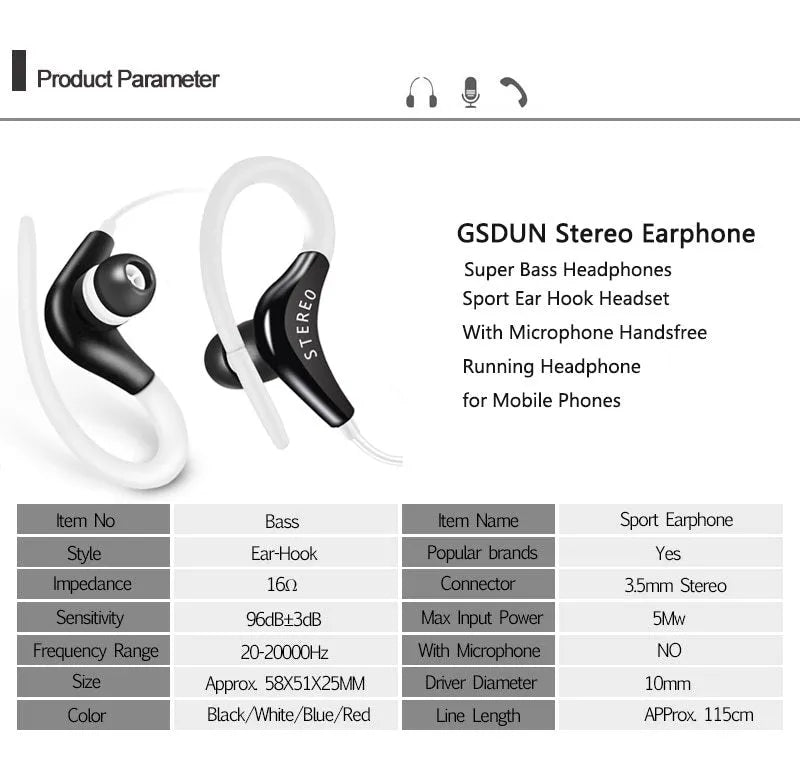 Wired earhook sport headphones with microphone in various colours including black, blue, red, rose red, and white