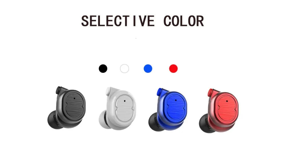 Bluetooth wireless earbuds in black, white, red, and blue colours showing earbud design