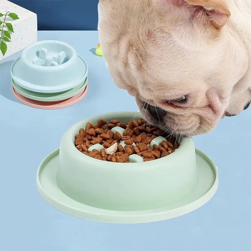 Pink pet slow feeder bowl with raised maze pattern and non-slip base on a floor