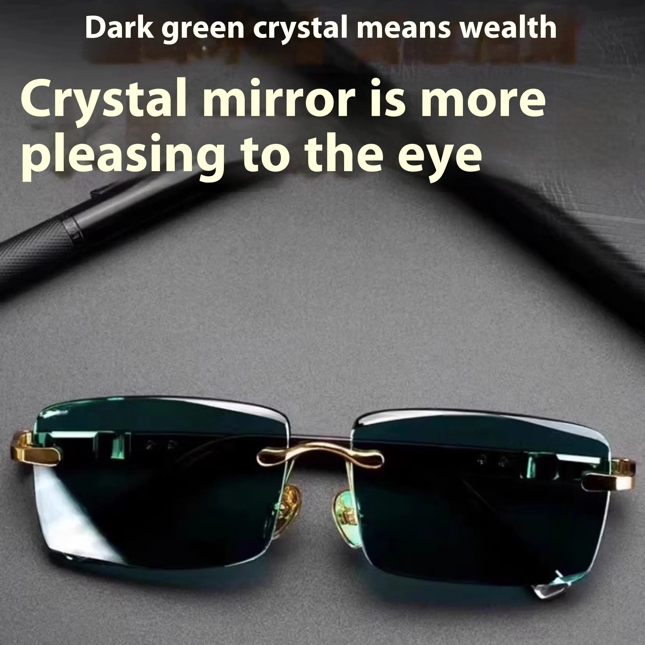 Green frameless reading glasses with dark tinted lenses on protective case