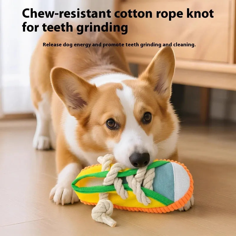 Plastic dog slippers toy with sound mechanism in yellow, black, or blue colours for chewing and interactive play