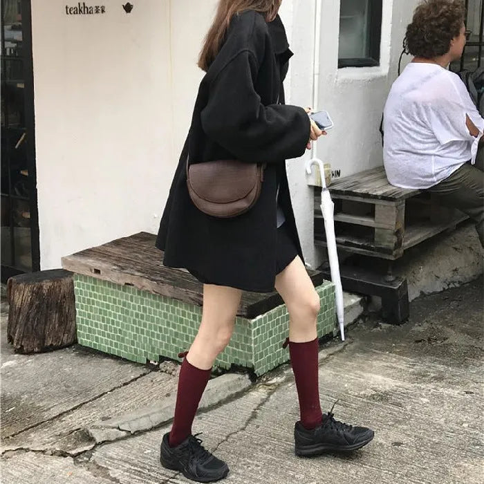Women's Korean-style loose mid-length solid colour spandex blend overcoat, straight fit, long sleeve, available in khaki and black