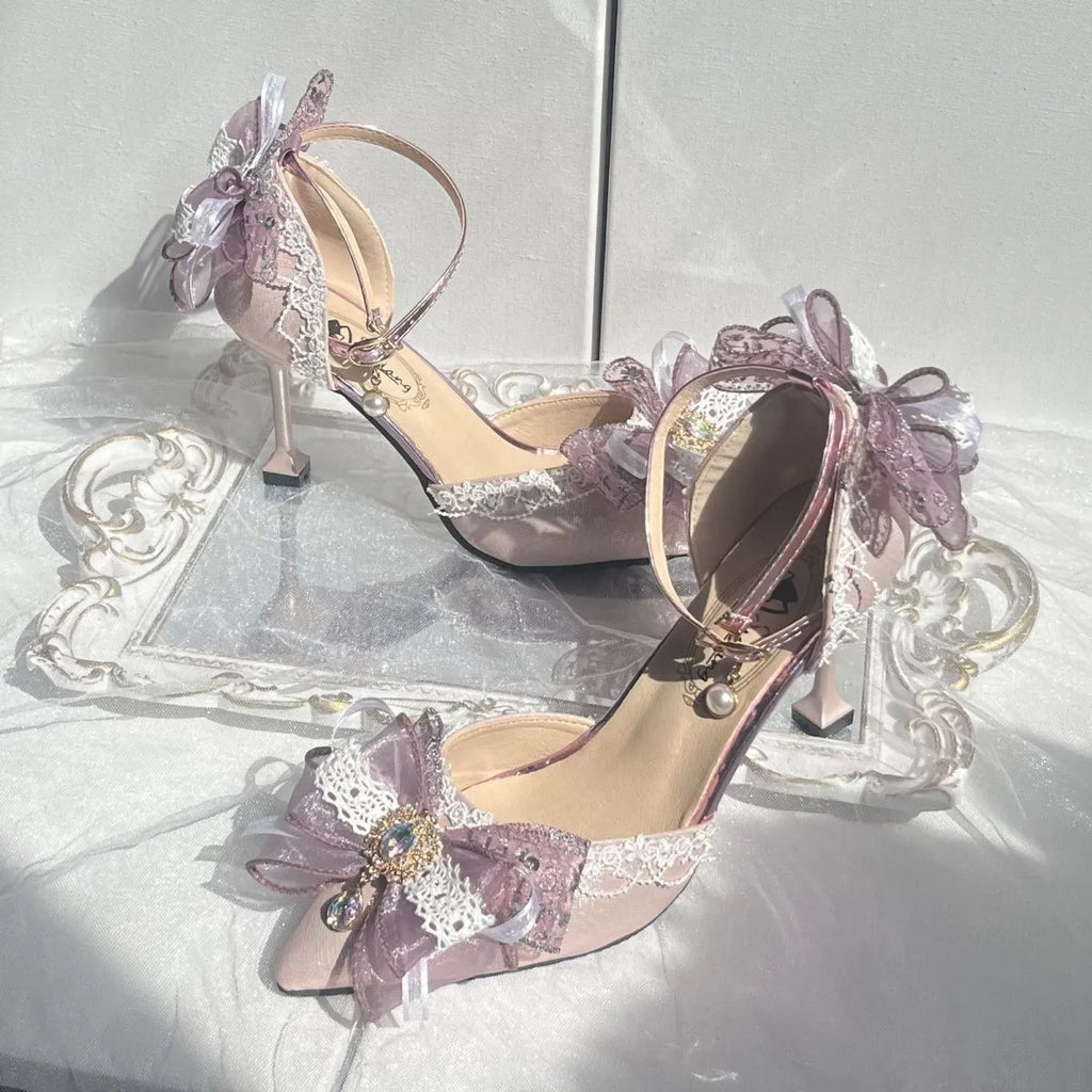 Purple satin Lolita shoes with flat heel and square toe design for wedding fashion