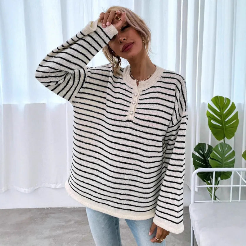 Black striped women's drop-shoulder long sleeve top with button detail