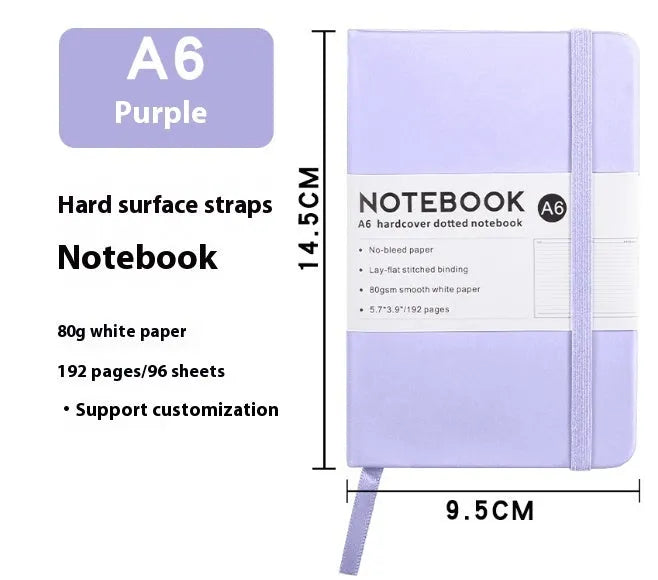 A5 office diary with hand skin feeling PU leather cover and strap closure, open to show horizontal line pages.