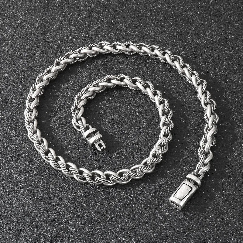 Men's titanium steel keel chain necklace with geometric pendant in antique silver finish.