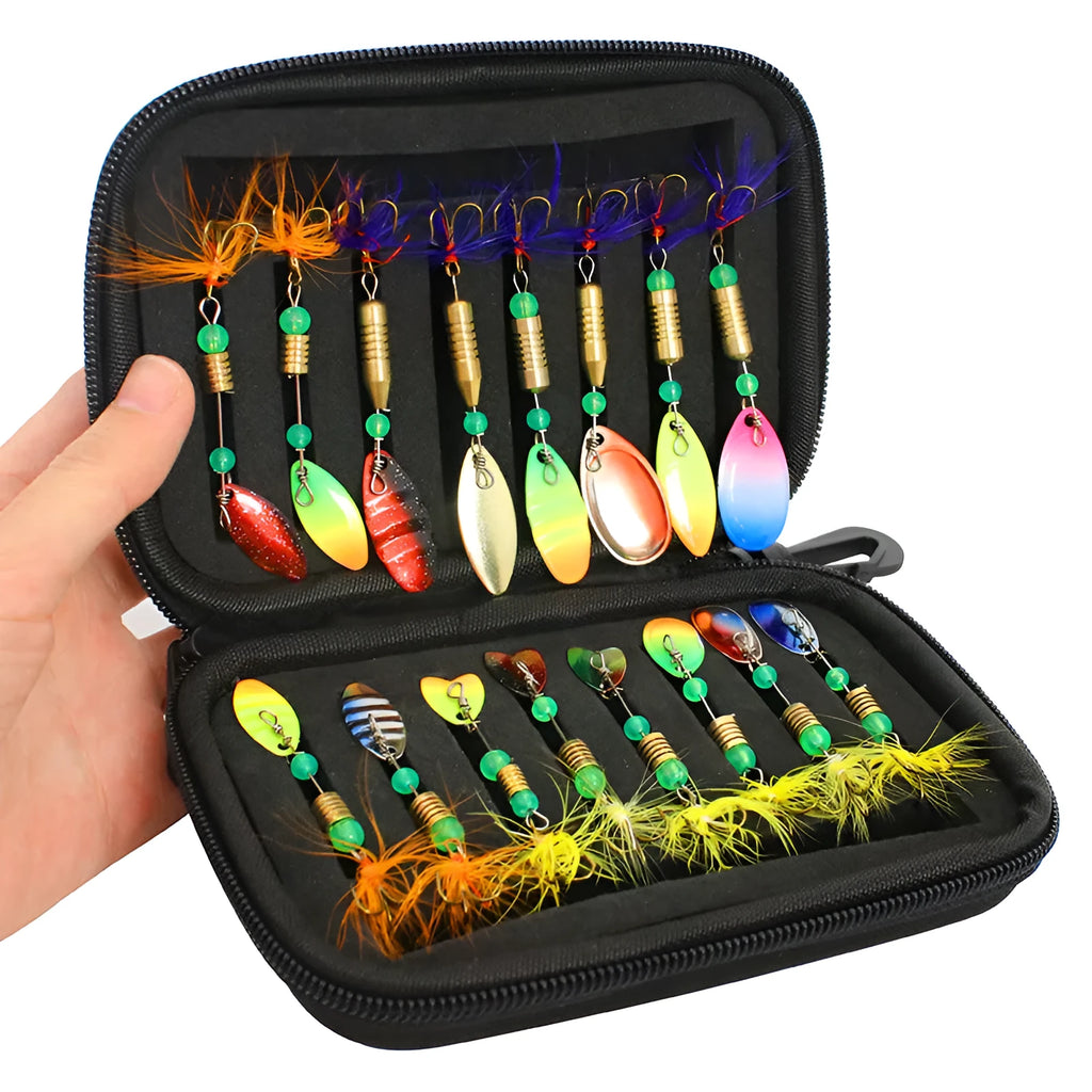 16-piece composite sequin fishing bait set in 1680D Oxford cloth and EVA case measuring 16x11x5 cm