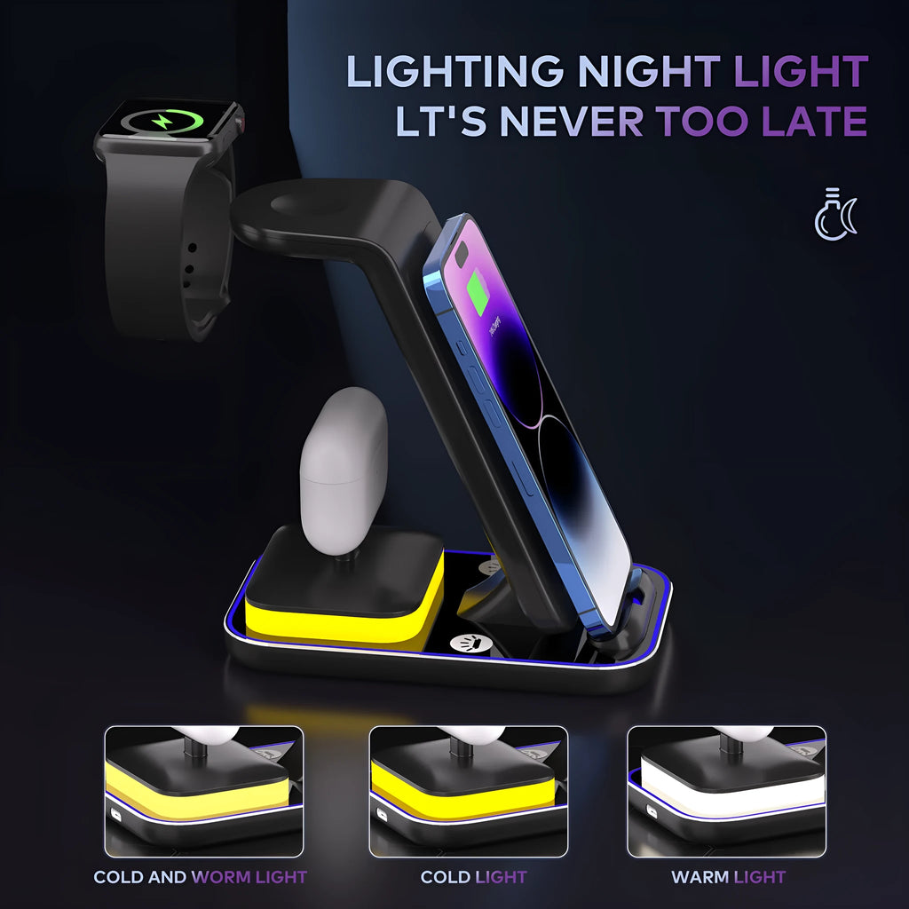 Black vertical wireless charger showing phone, watch and headset charging simultaneously