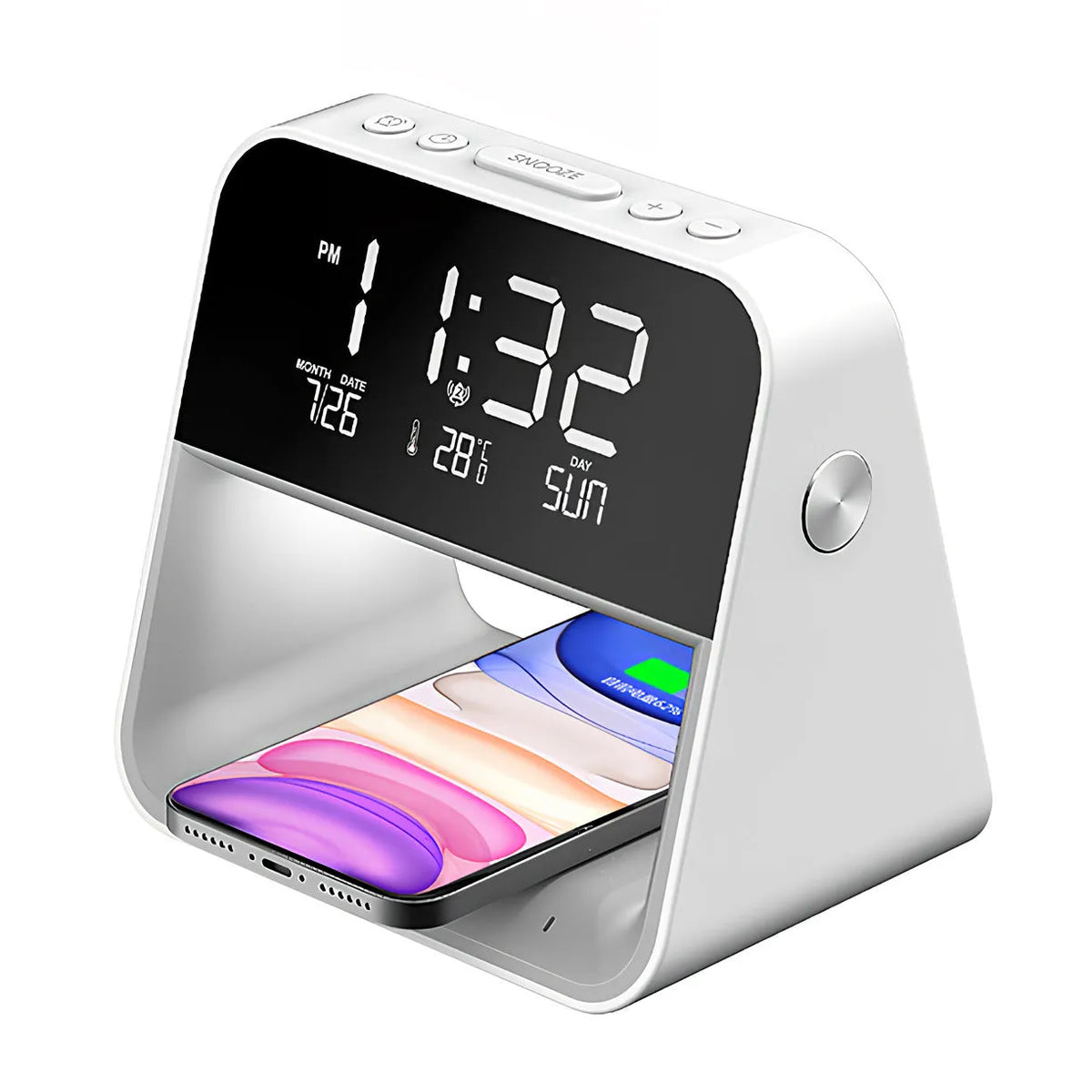 White multifunctional bedside lamp with wireless charger and alarm clock on a nightstand, 15.1x10.6x14.5cm