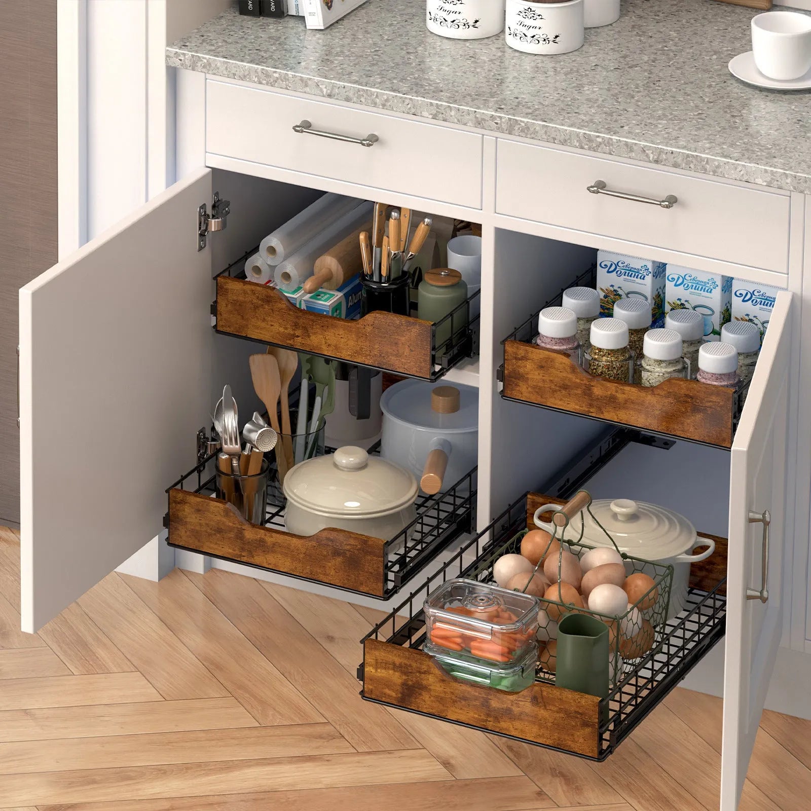 Black wood and iron pull basket storage rack with drawer-style organisation