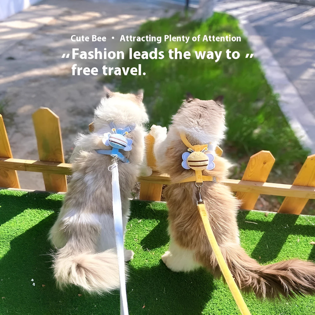 Bee-shaped adjustable cat harness and leash set in blue colour with matching hand-held rope