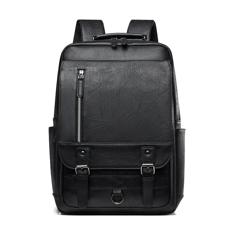 Men's casual business backpack in PU leather, solid colour, black, urban simplicity style, side view
