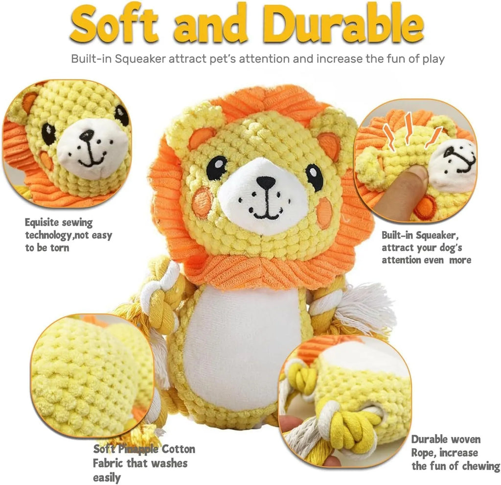 Stuffed squeaky dog toys bundle showing lion and monkey plush designs with internal squeakers