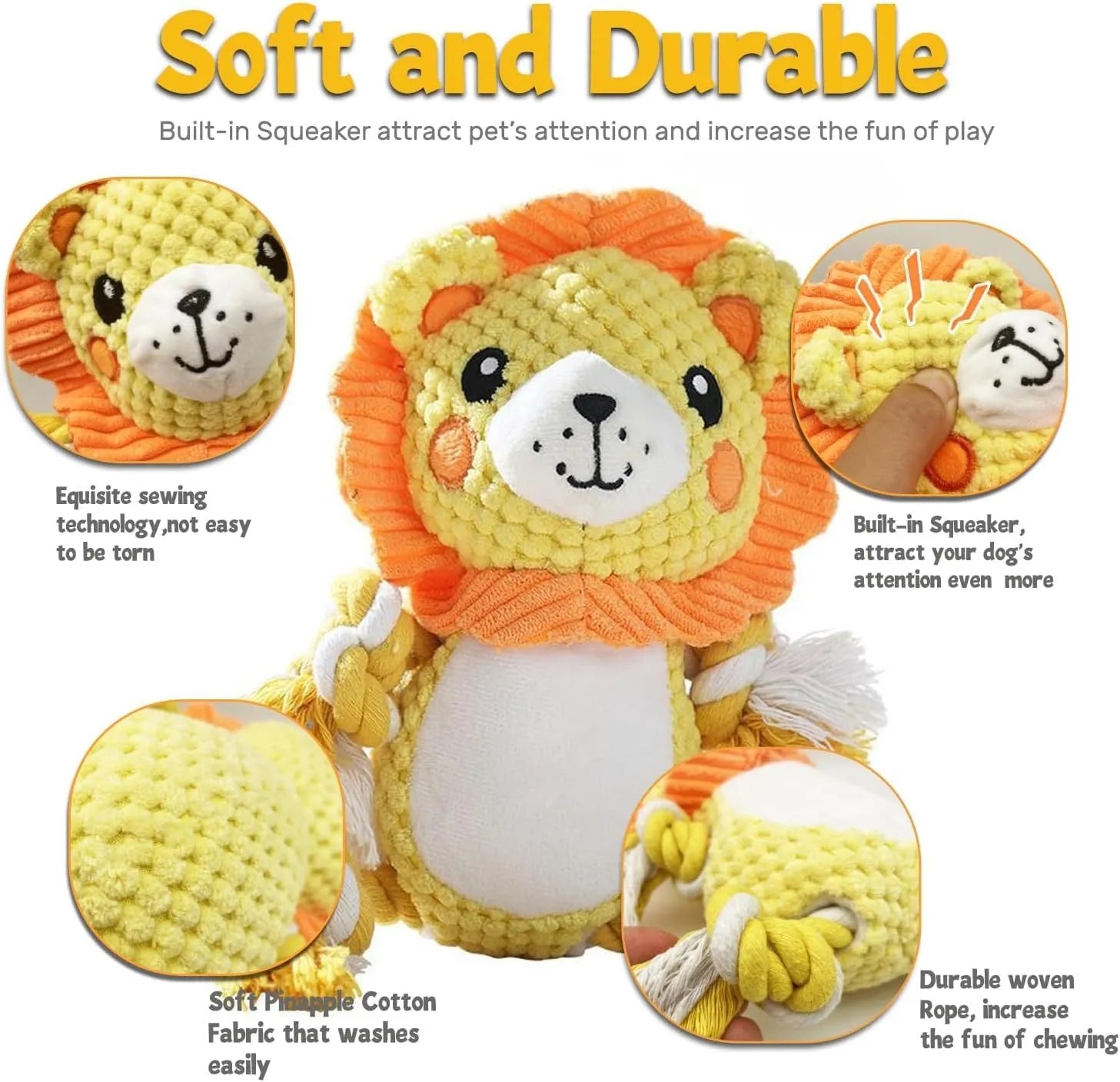 Stuffed squeaky dog toys bundle showing lion and monkey plush designs with internal squeakers