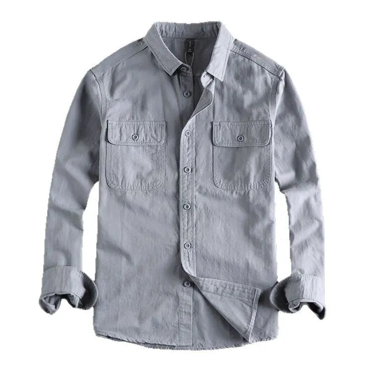 Men's light grey loose fit long sleeve overalls shirt with cardigan style on a hanger