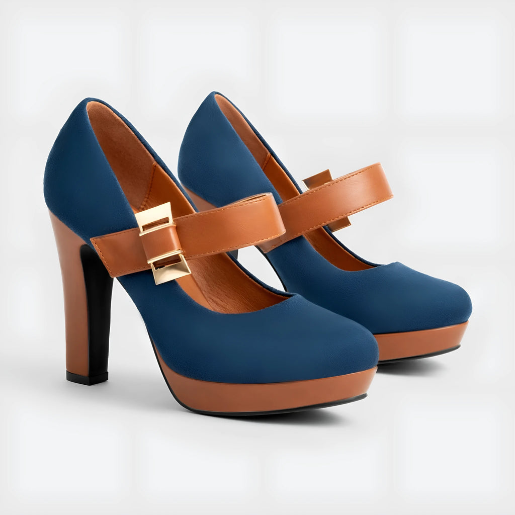 Women's platform chunky heel sandals with 6-8cm heel, PU cloth upper, rubber sole, in blue, black, or rose red