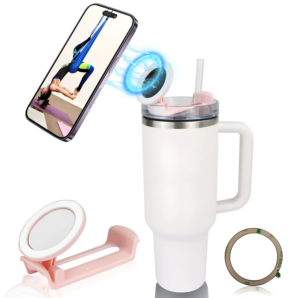 Water cup mobile phone holder in pink, black, or white plastic with magnetic universal bracket design
