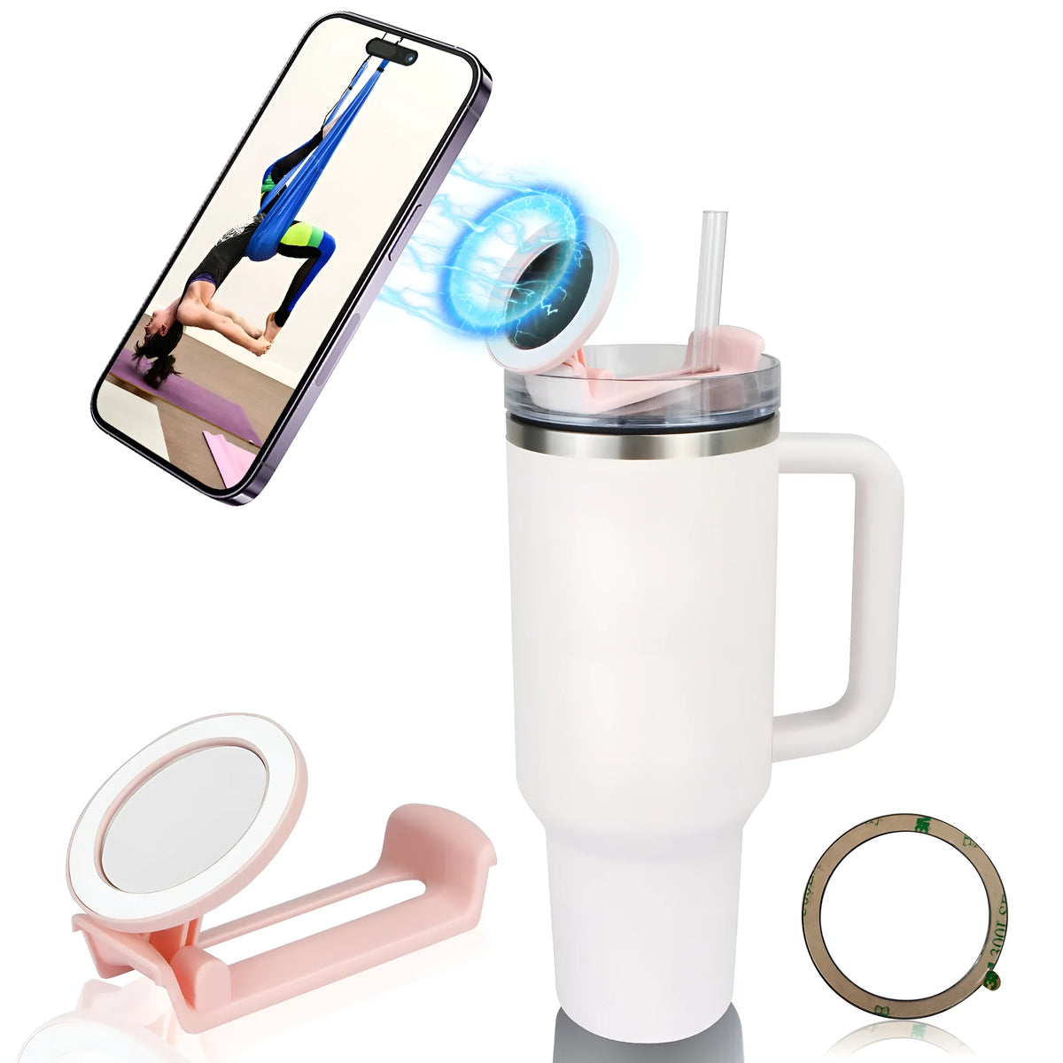 Water cup mobile phone holder in pink, black, or white plastic with magnetic universal bracket design