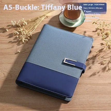 A5 soft PU leather notebook in brown, black, green, blue, or red, showing wood-free paper inside.