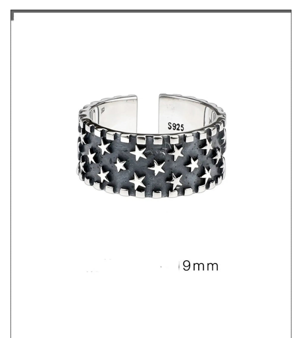 Adjustable opening silver ring with geometric multi five-pointed star design on 925 silver band
