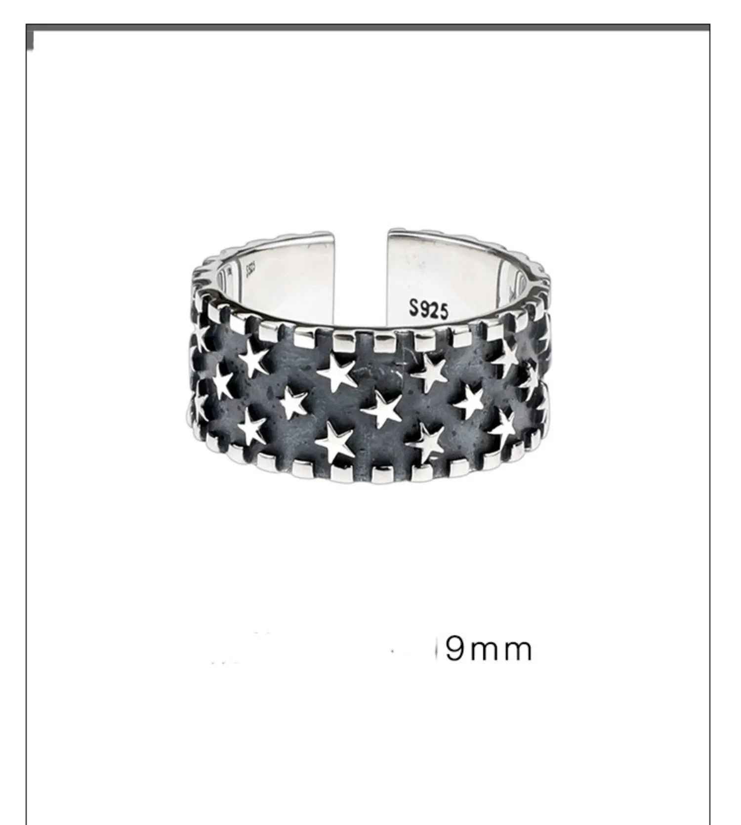 Adjustable opening silver ring with geometric multi five-pointed star design on 925 silver band