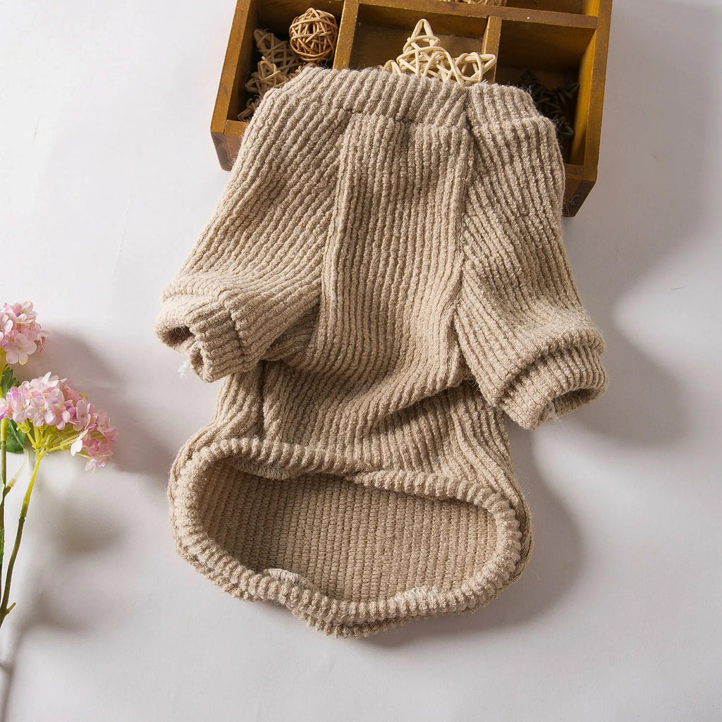 Brown knitted pullover sweater on small dog showing casual design with five size options