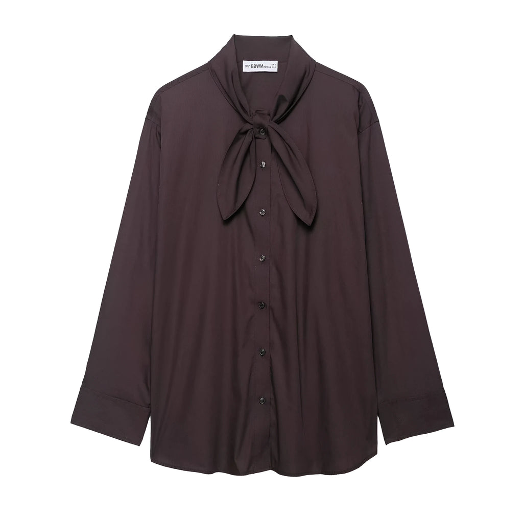 Brown women's poplin shirt with cardigan-style front and bow tie detail, long sleeves and loose fit