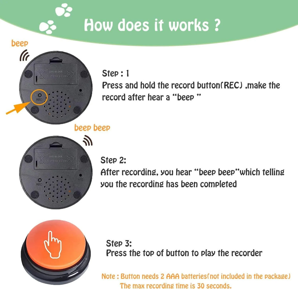 Voice recording pet training button in five colour options showing large record/playback button