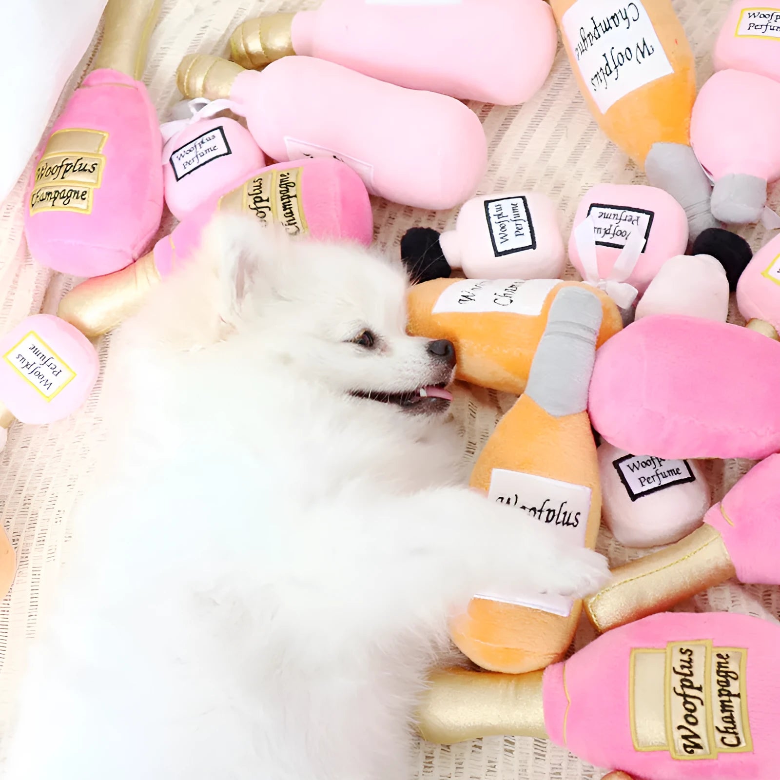 Plush wine bottle shaped pet toy for dogs and cats in multiple colours