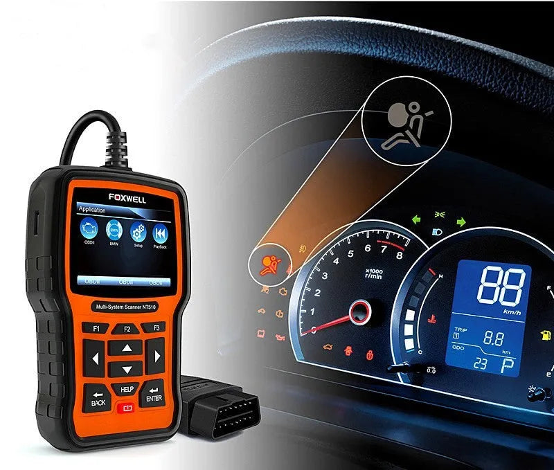Foxwell NT510 orange and black automotive diagnostic tool with OBD2 scanner and system reset functions