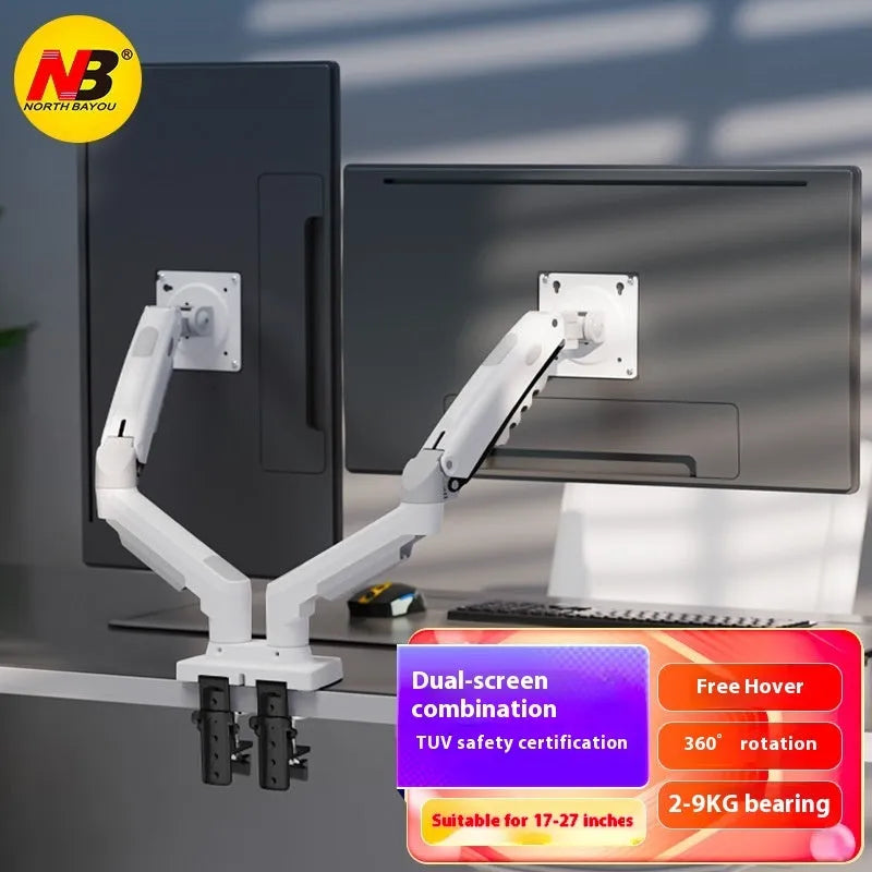 Dual computer monitor bracket with mechanical lifting mechanism on desktop