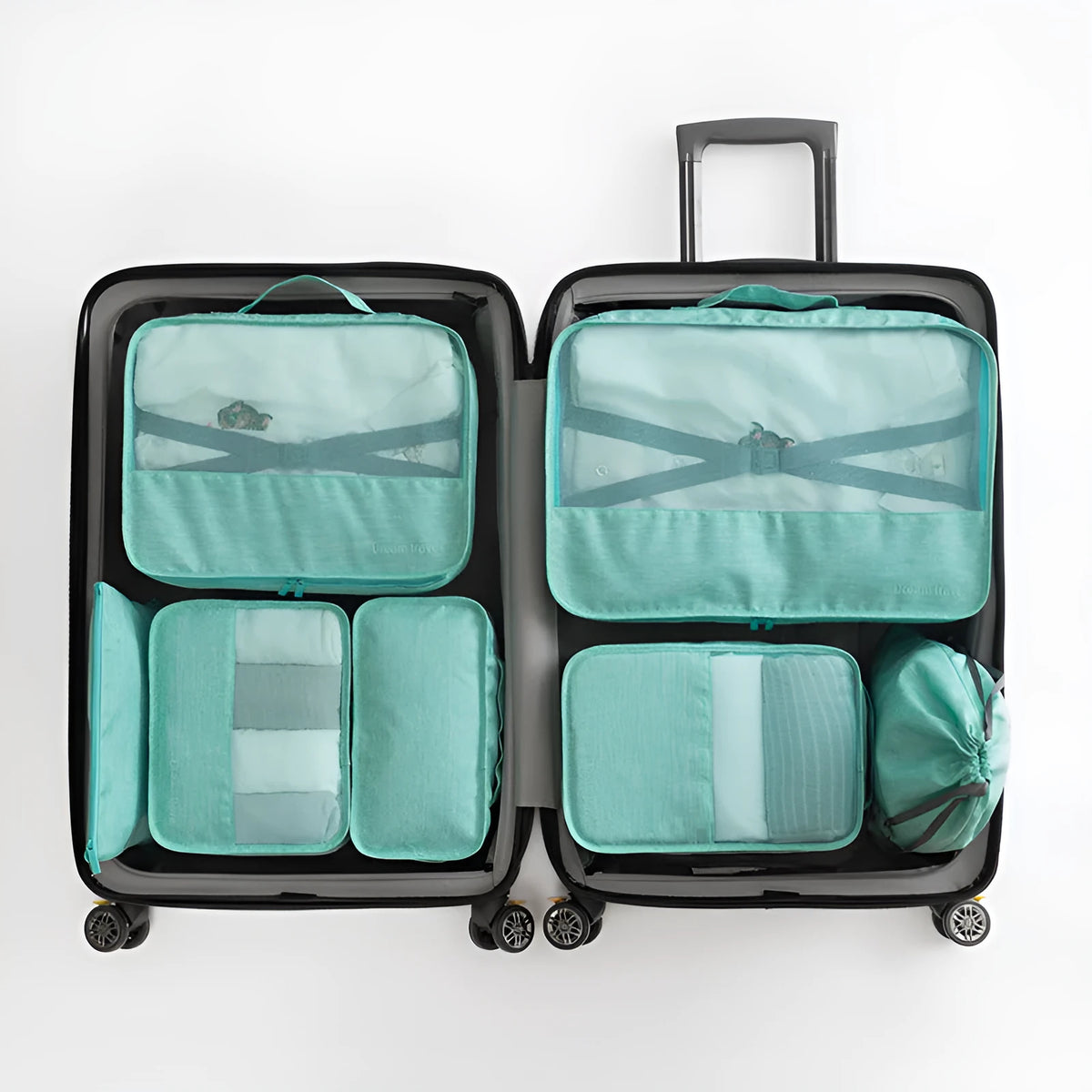 Seven-piece waterproof travel tote bag set in black and gray with six sorting bags and cation hardware