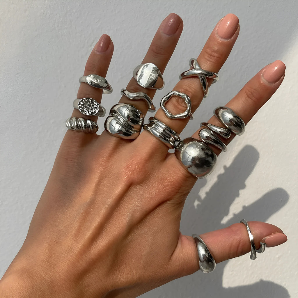 Set of 14 gold and white K geometric irregular alloy rings with open mouth adjustable design