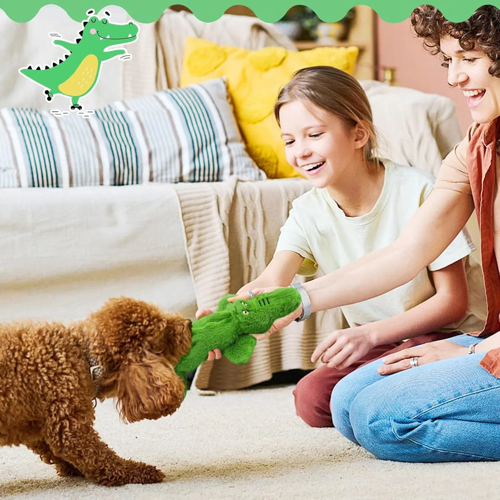 Green crocodile plush dog toy with no stuffing design for aggressive chewers