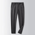 Men's British retro-style long straight striped pants in a chemical fibre blend, shown with a zip fly.
