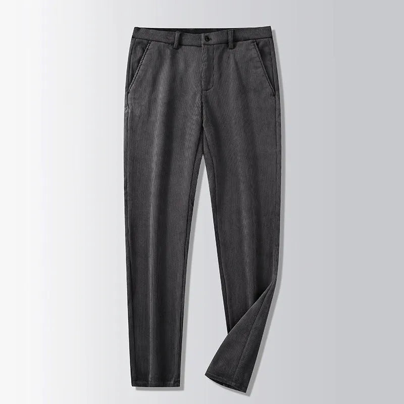 Men's British retro-style long straight striped pants in a chemical fibre blend, shown with a zip fly.