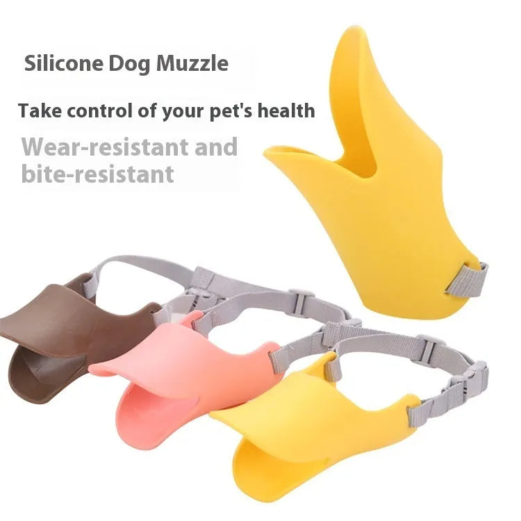 Silicone dog mask duckbilled sleeve anti-bite in bright yellow, pink, and brown sizes S M L