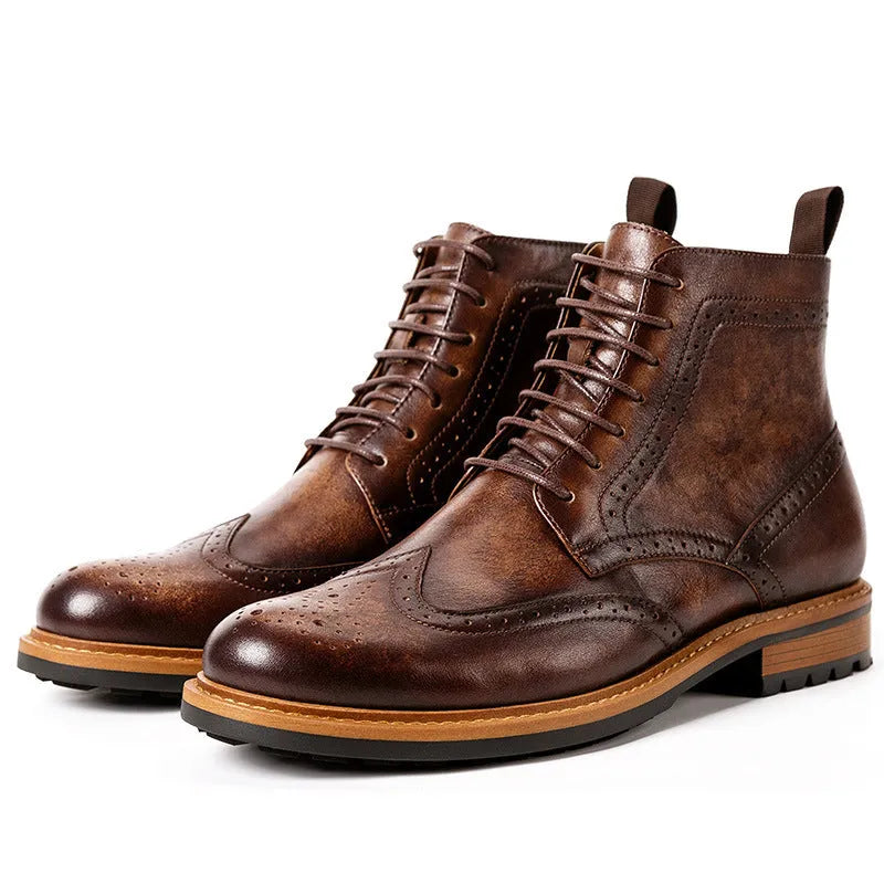 Men's leather Martin boots with first layer cowhide patent finish upper and rubber sole, black or dark coffee