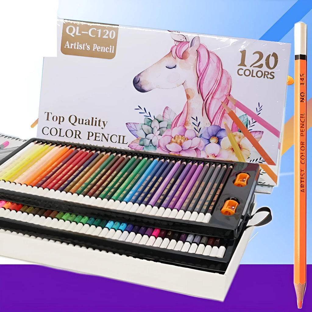 120 colour coloured pencils set in rosewood shell, full colour spectrum, arranged in cardboard box