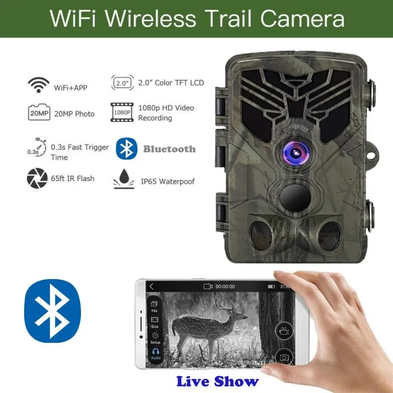 Wifi830 compact wildlife camera with camouflage finish showing lens, display, and mounting bracket